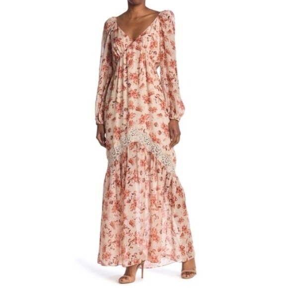 Cami NYC Francie Lace Trimmed Floral Print Silk Chiffon Maxi Dress Size Small - Picture 1 of 8